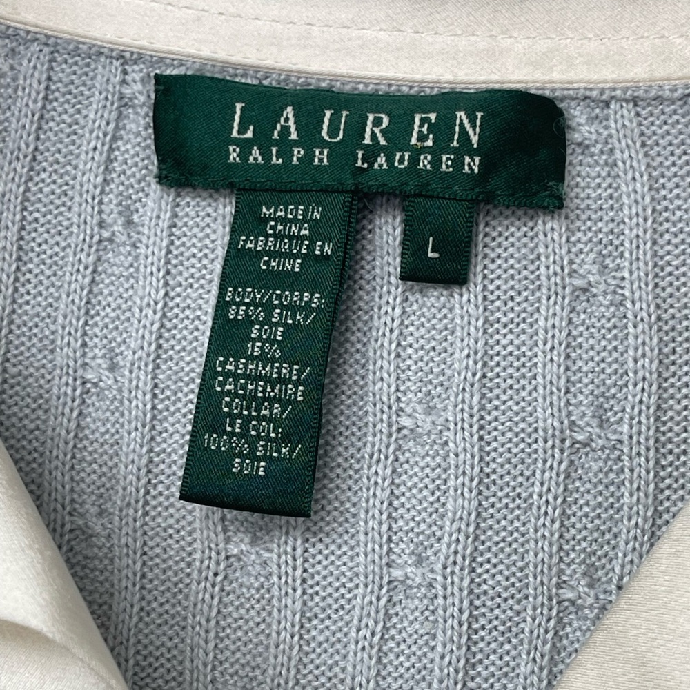 Lauren Ralph Lauren | Cashmere Silk Polo Cable Knit Sweater Baby Blue Ivory Sz L - Picture 4 of 7